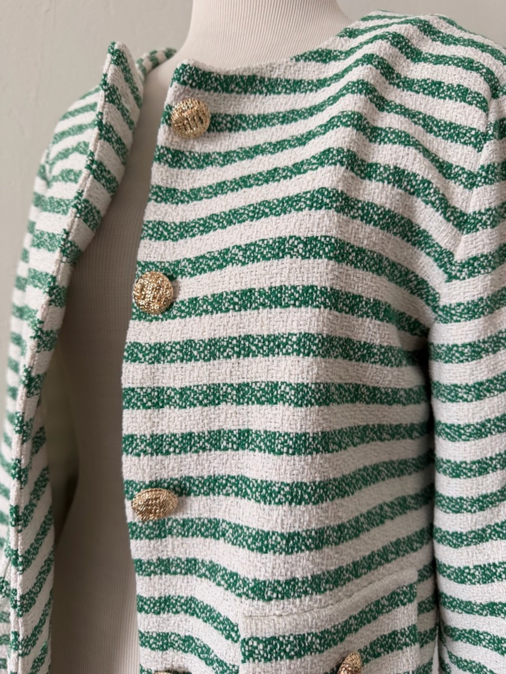entro Green & White Striped Tweed Jacket with Gold Buttons